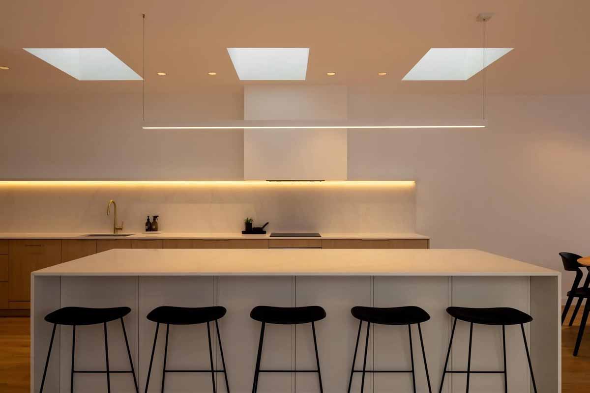 Warm lighting solutions, made to calm users for winding down in kitchen