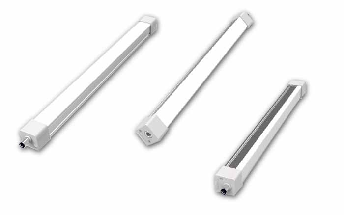 Commercial LED light bars for shelving and display cabinets, shown as slim linear fittings for retail and food display lighting.