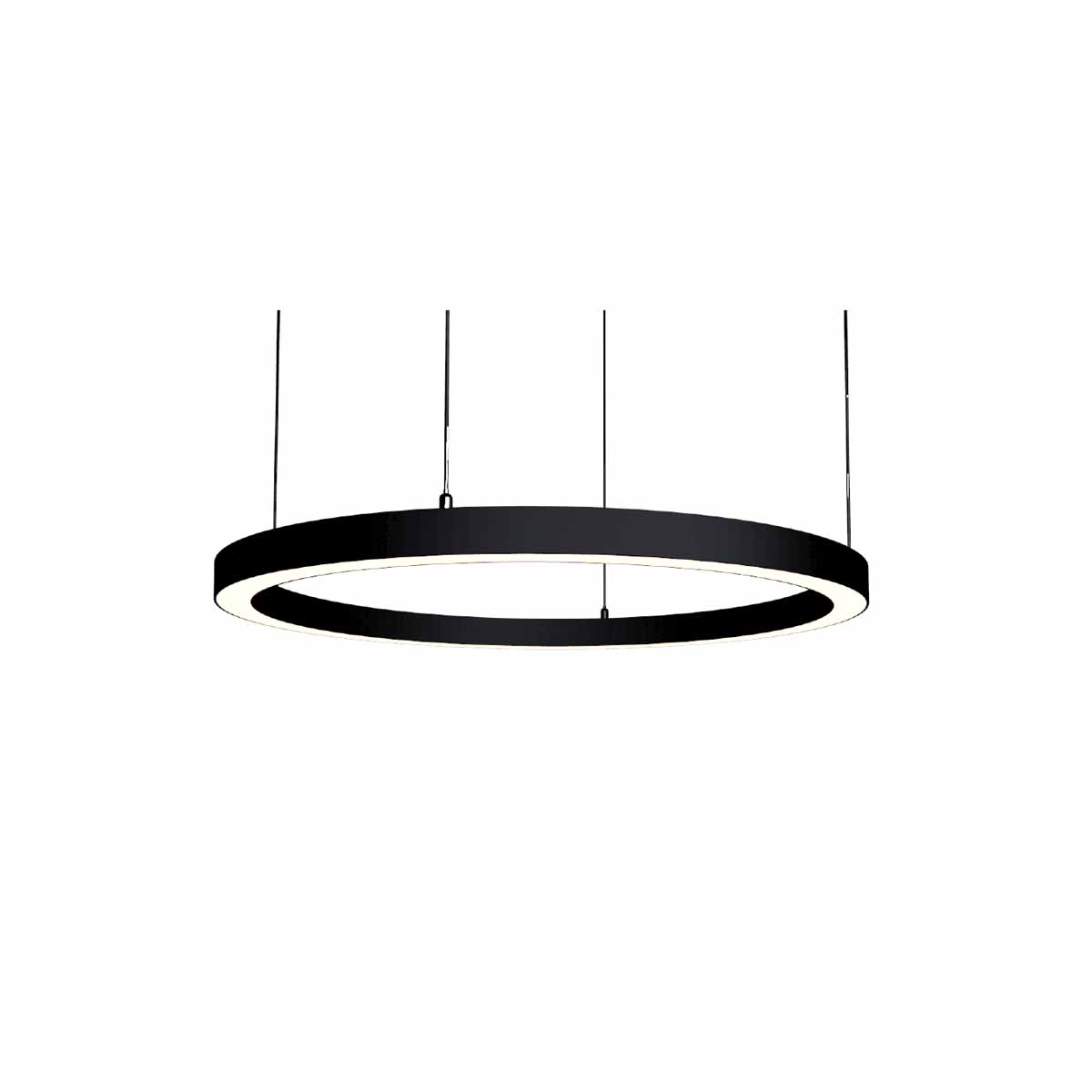 Black circular suspended LED profile pendant light for modern strip lighting and architectural commercial interiors. Black circular suspended LED profile pendant light for modern strip lighting and architectural commercial interiors.