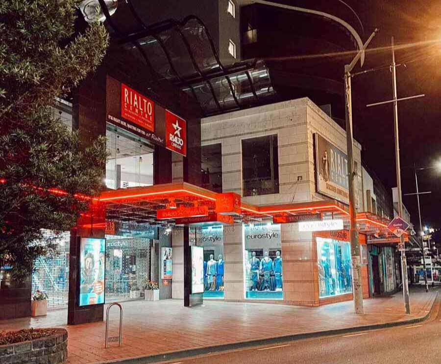 Outdoor LED strip lighting installed on the Rialto Centre building exterior in Newmarket, Auckland, showing IP rated strip in a commercial application